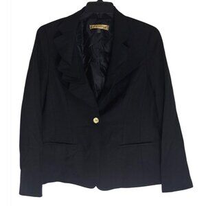 Nipon Boutique Black Blazer With Ruffled Collar & Gold Button Detail Size 10